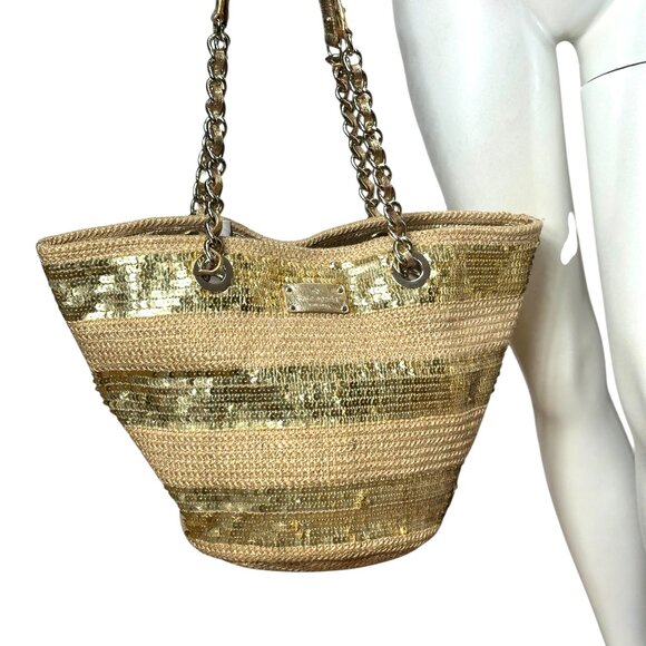 Kate Spade woven tote bag with gold sequins and gold leather and chain handles - Picture 1 of 10